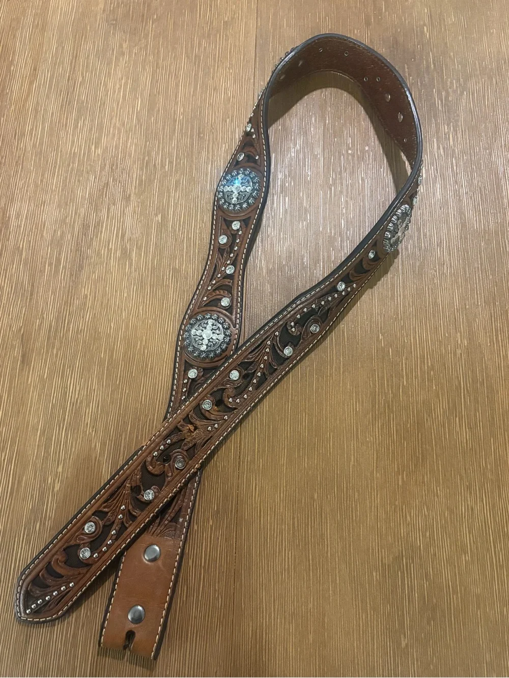 Ariat Western Embossed Tooled Brown Leather Belt with Concho Accents M